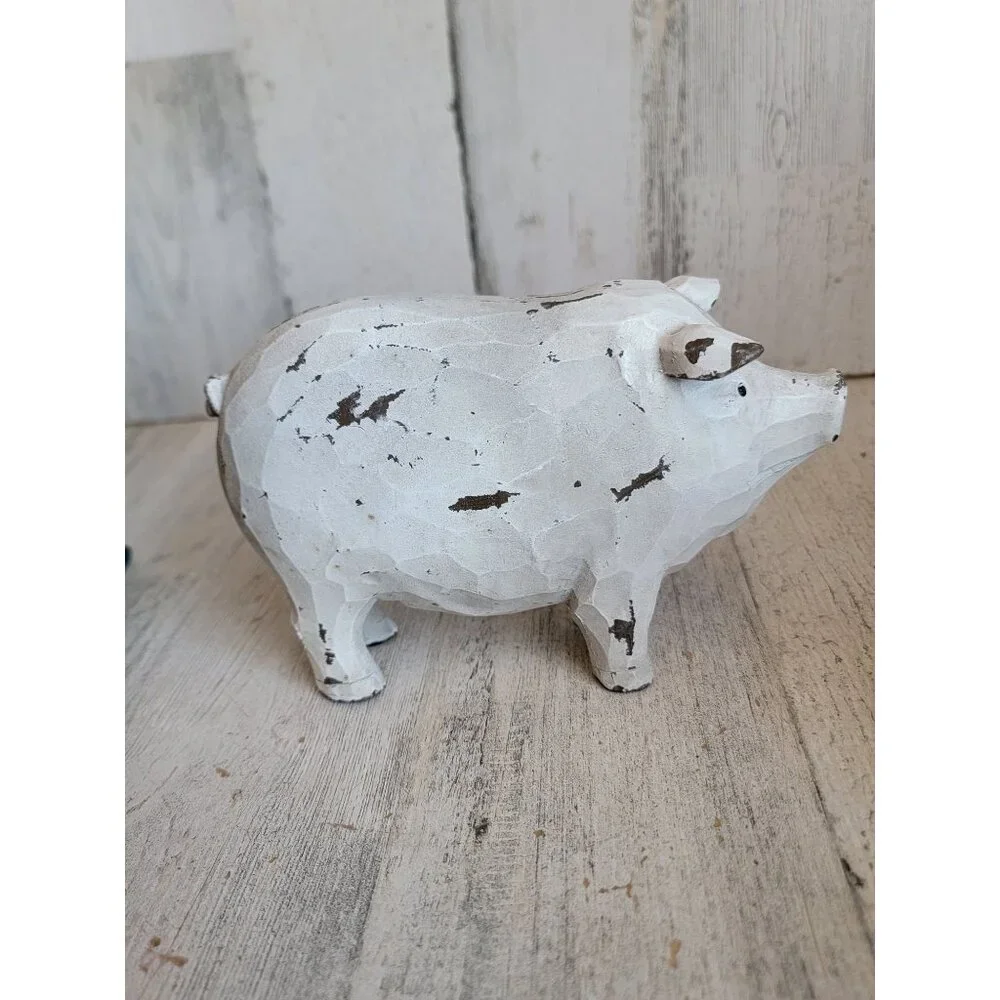 Rustic pig wooden farm animal home decor vintage unique white - Picture 5 of 7